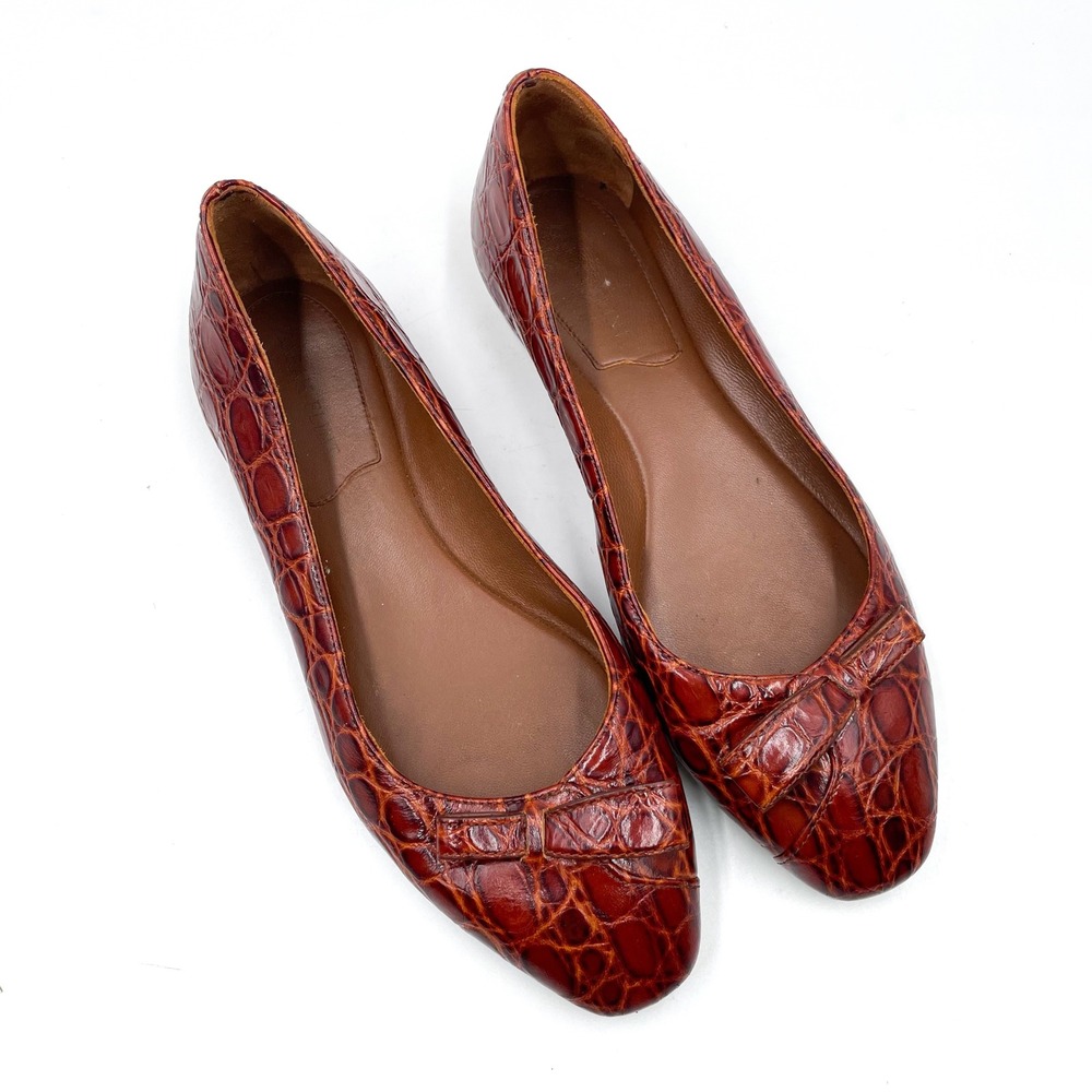 Sarah Flint Natalie Ballerina Bow Flats Red Croc Leather Slip On Sz 37 / 7